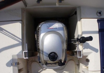 You can see there is enough clearance to fit a larger engine.  I tried a Tohatsu 6hp and it seemed okay.